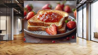 A plate of toast with strawberry jam and strawberries on top Wall mural