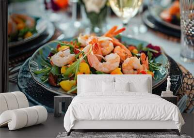 a plate with shrimp salad on the table, a table with plates of food and glasses of wine

 Wall mural