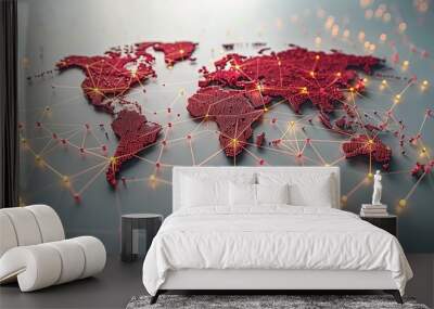 A red and yellow globe with a network of lines connecting it Wall mural