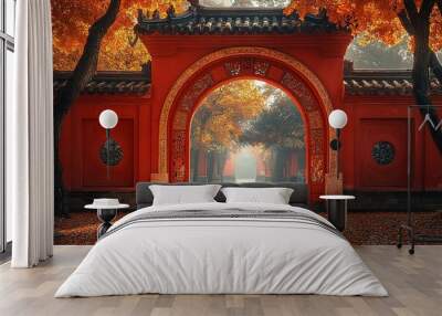 A red archway with trees in the background Wall mural