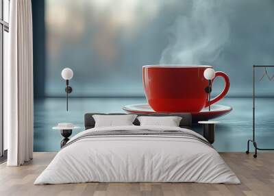 A red coffee cup with steam rising from it sits on a white plate Wall mural