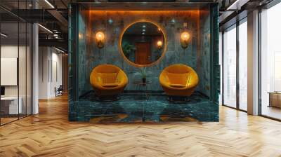 A room with two yellow chairs and a mirror Wall mural