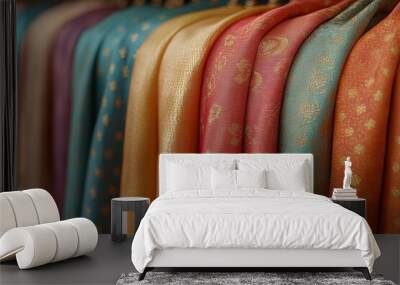 A row of colorful fabrics with gold and green designs Wall mural