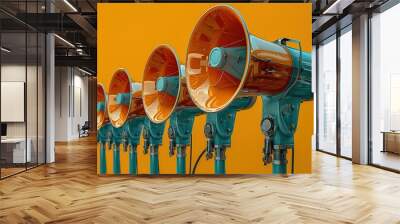 A row of orange and blue microphones are lined up on a yellow background Wall mural