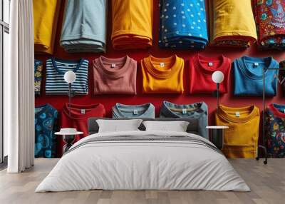 A row of shirts are displayed on a red background Wall mural