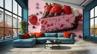 A slice of strawberry cheesecake with chocolate chips on top Wall mural