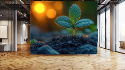 A small plant is growing in the dirt Wall mural