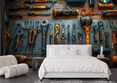 A table full of tools and equipment, including a variety of wrenches Wall mural