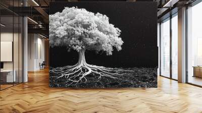 A tree with white leaves and roots is the main focus of the image Wall mural