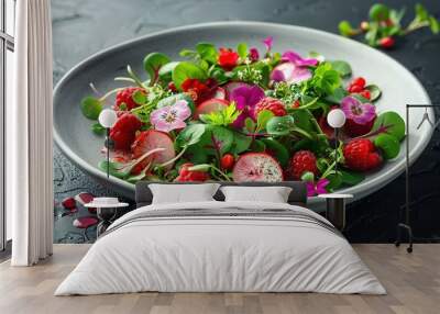 A white plate with a salad of greens and raspberries Wall mural