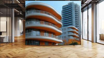 Modern apartment building with curved balconies and a tall skyscraper in the background. Wall mural