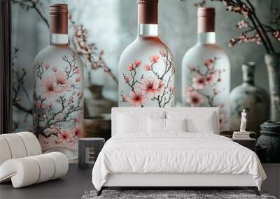 Three bottles of alcohol with pink flowers on them Wall mural