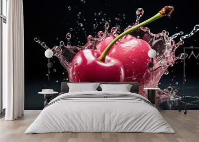 two cherries are splashed in a dark background, Wall mural