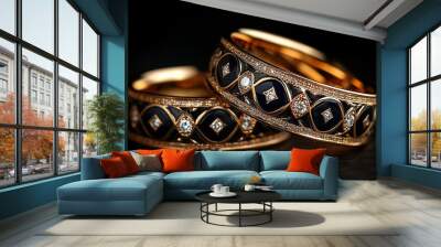 Two gold and black rings with diamonds on them Wall mural