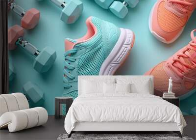 Two pairs of sneakers are displayed on a blue background with a pair of dumbbell Wall mural