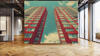 Two tall red buildings with a clear blue sky in the background Wall mural