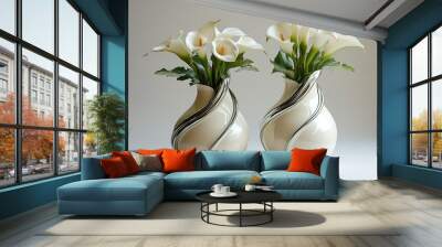 Two white vases with flowers in them Wall mural