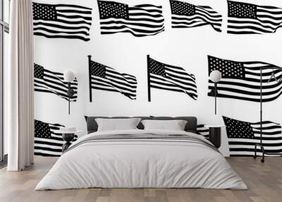 Collection of waving flag silhouettes in the wind, Vector set bundle of black flat American USA flag, A set of silhouette American flag vector, American Flag Silhouette Wall mural