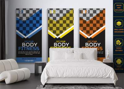 Shape Your Body Banner, Fitness Rack card, Gym Roll Up Banner, and Gym and Fitness DL flyer design Template Wall mural