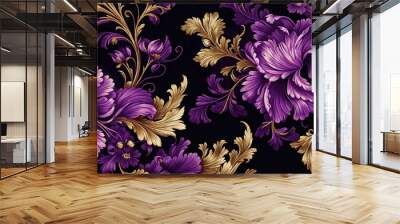  purple and gold floral pattern against black background Wall mural