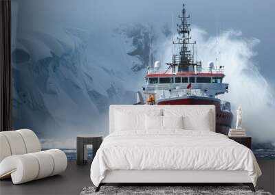 3d illustration of a red ship in the ocean with icebergs, climate change on polar ecosystems Wall mural