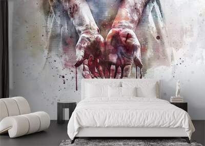 A digital painting on a white background depicting Jesus' hands with nail wounds, blood flowing down his wrists. Wall mural