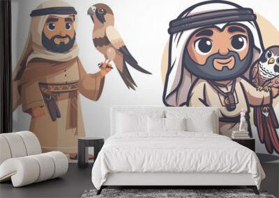 Arab Man Holding Falcon And Parrot Traditional Clothing Middle Eastern Culture Cute Cartoon Character Illustration Set Falconry Heritage Wildlife Conservation Animal Pet Mascot Logo Design Wall mural