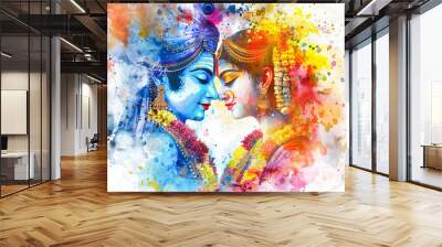 Beautiful digital painting of lord Krishna captivating Radha with his divine charm on a white background perfect for art lovers Wall mural