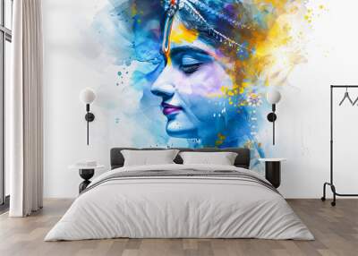 Beautiful digital painting of lord Krishna with blue complexion, representing his divine essence perfect for home decor and prints Wall mural