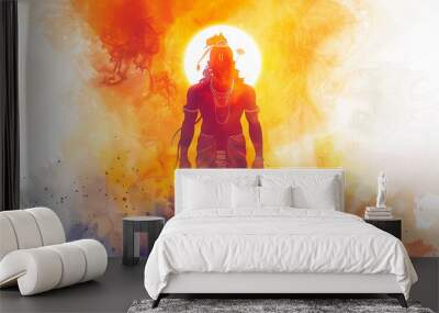 Beautiful digital painting of Lord Rama in glowing sunset scenery Wall mural