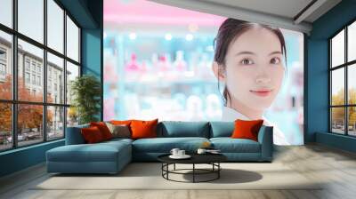 Beautiful Young Asian Woman with Clean Skin Smiling in Beauty Cosmetic Store with Bright Pastel Pink and Blue Colors - Skincare, Makeup, and Wellness Concept Wall mural