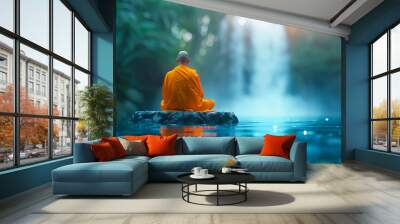 Buddhist monk meditating on rock in water with waterfall background zen spirituality peace meditation mindfulness yoga religion temple asia culture tranquility harmony nature serene calm relax Wall mural