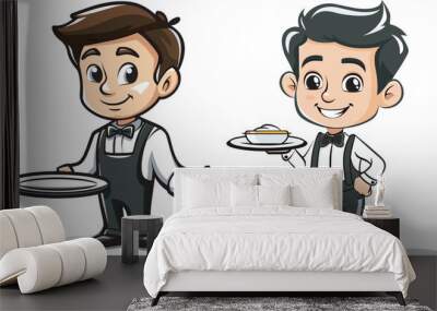 Cartoon waiter serving food hospitality restaurant service industry job occupation male chef uniform catering dinner plate professional worker smiling happy friendly helpful gesture isolated Wall mural