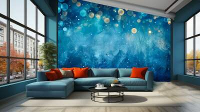 Christmas background with bokeh lights and snowflakes on blue Wall mural