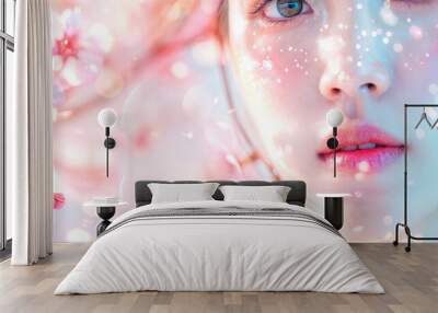 Close Up Beauty Portrait of Young Woman with Glitter Makeup and Cherry Blossoms Wall mural