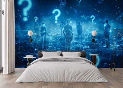 Conceptual image of group of people with question marks around. 3d rendering Wall mural