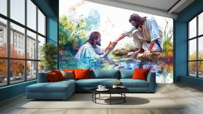 Create a digital artwork of Jesus performing a miracle at the pool of Siloam. Wall mural