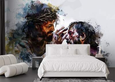 Create a digital watercolor artwork depicting Jesus performing a miraculous healing on a blind man against a white backdrop. Wall mural