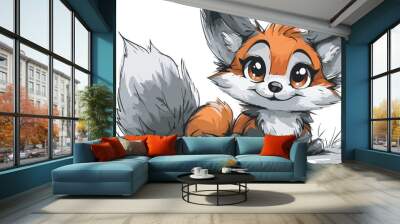 Cute baby fox cartoon illustration wildlife animal adorable orange nature furry design isolated drawing character forest tail wild zoo mammal art graphic pet fur funny doodle white background sitting Wall mural