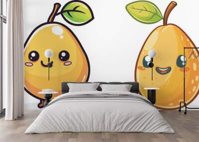 Cute Kawaii Pear Cartoon Character Happy Fruit Mascot Illustration Design Isolated White Background Food Healthy Sweet Organic Fresh Natural Vegetarian Vitamin Delicious Yellow Green Leaf Stem Wall mural