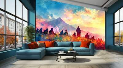 Digital watercolor painting of Jesus teaching a group of followers on a windswept hillside, his words carried on the breeze, distant mountains silhouetted against the colorful sky Wall mural