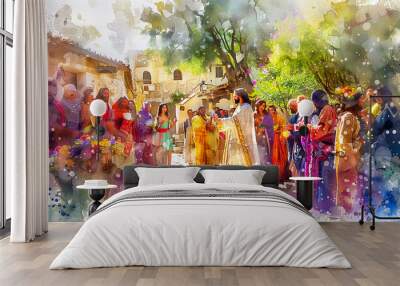 Digital watercolor painting of Jesus Watercolor painting, Jesus blessing a young couple on their wedding day, a simple village setting with joyous onlookers, bright and festive atmosphere Wall mural