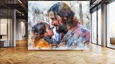 Digital watercolor painting of Jesus Watercolor painting, Jesus comforting a crying child in a city park, modern playground equipment around, warm and compassionate atmosphere Wall mural