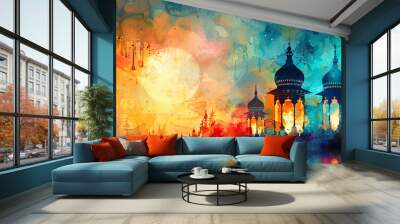 Digital watercolor painting of Watercolor patterns of lanterns and candles illuminating the night sky during Eid Wall mural