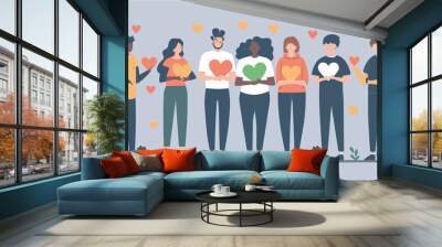 Diverse group of people holding hearts love support unity community togetherness charity volunteering nonprofit donating giving back kindness empathy compassion illustration background Wall mural