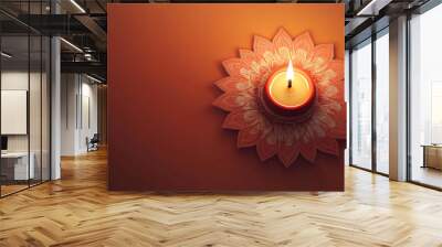 Diwali festive season background with illuminated terracotta diya lamp on orange backdrop for Diwali pooja celebration greeting card design copy space banner poster website social media post Wall mural