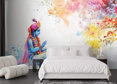 Eternal protector lord Krishna watching over devotees in digital watercolor painting on white background Wall mural