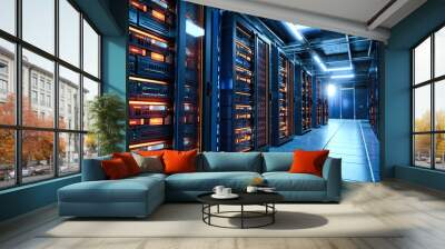 Futuristic server room 3D rendering image of a modern data center with rows of server racks and bright lights Wall mural