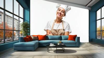 Happy female chef baker wearing uniform smiling confident posing arms crossed isolated white background culinary career restaurant work cafe staff catering service food industry worker cook occupation Wall mural