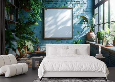 Interior of modern living room with blue brick wall, wooden floor, green plants and mock up photo Frame frame. 3d rendering Wall mural